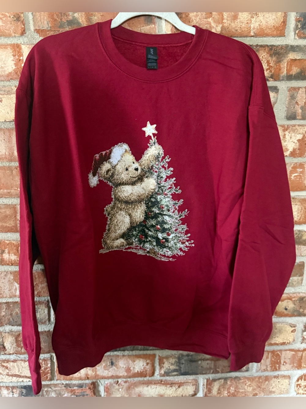 Gildan Burgundy Teddy Bear & Christmas Tree Sweatshirt